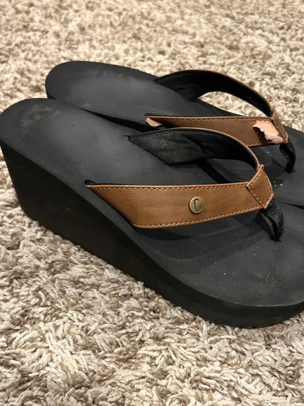 Vintage Y2K Black Platform Wedge Flip Flops Brown Straps Approx Size 7